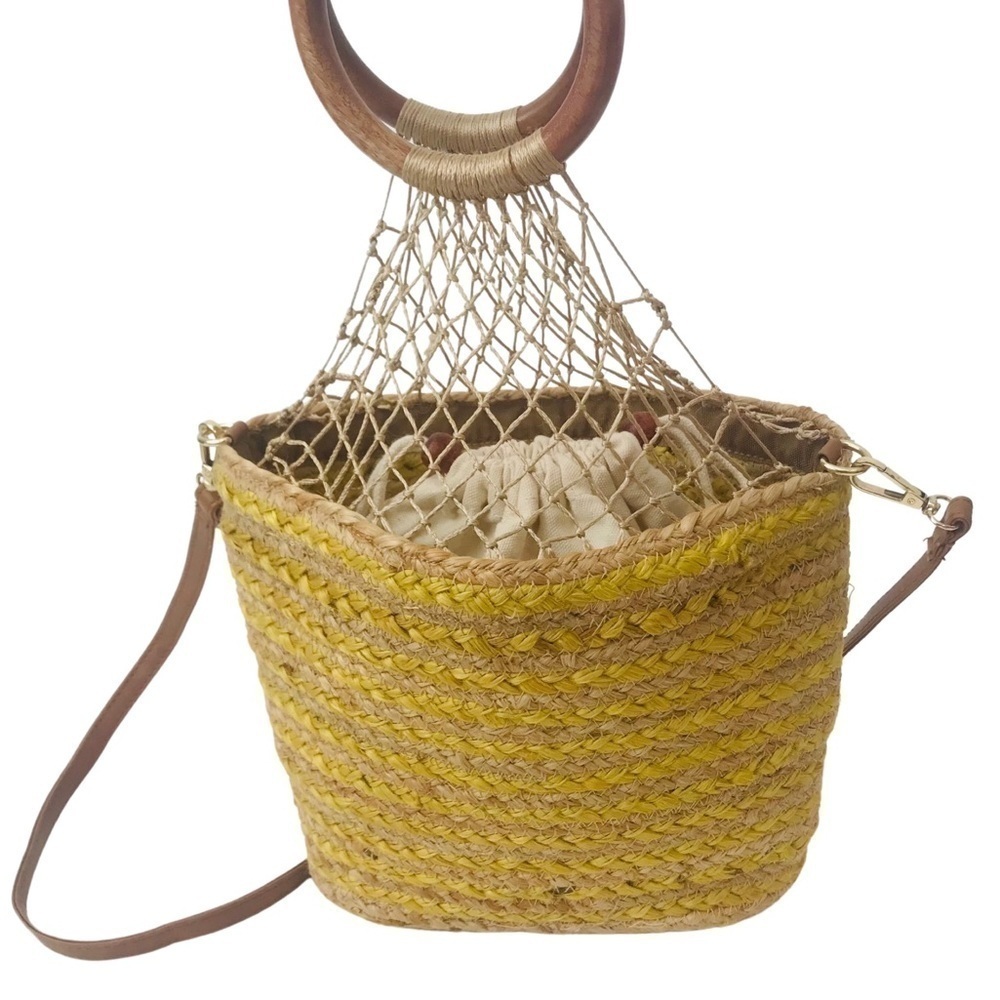 Nanette Lepore Bohemian Straw Rattan Jute Bucket Yellow Crossbody Bag